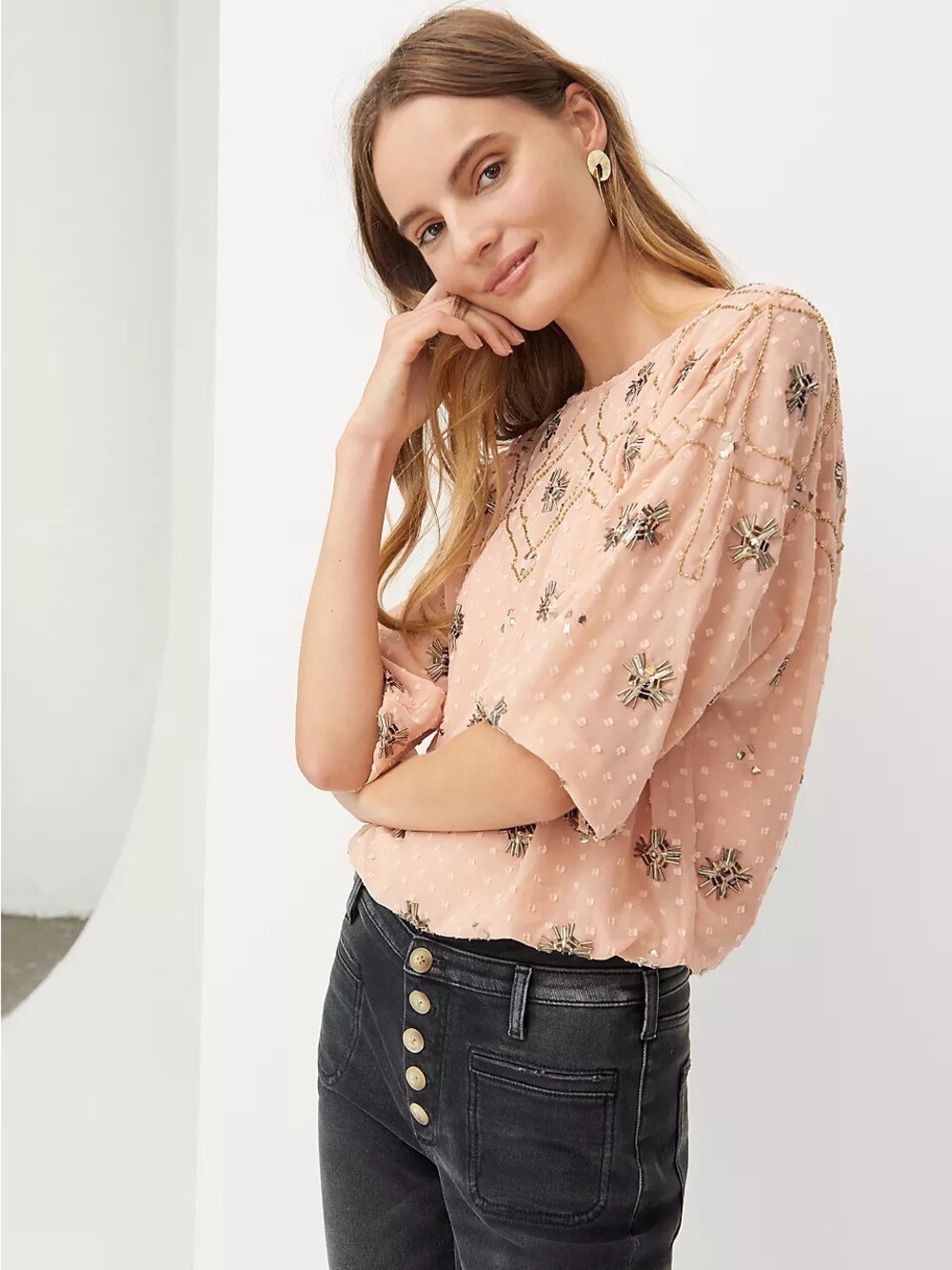 Anthropologie Amina Blouse - Embroidered Blush Pink Short Sleeve Peasant Top